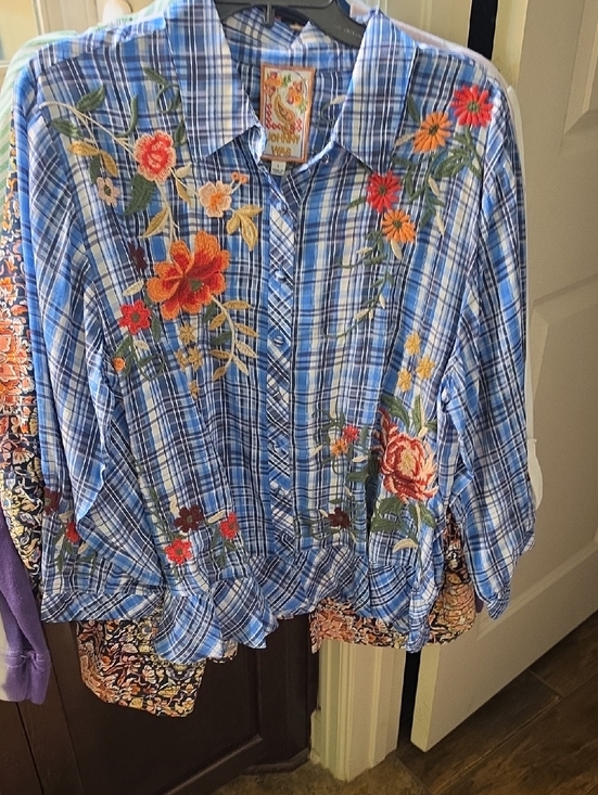 Johnny Was Tops - Johnny Was Blue Plaid Embroidered Shirt with Floral Accent Size L Nwot